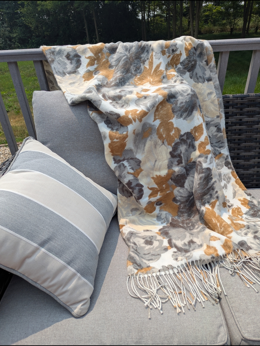 Lands' End CashTouch Floral Fringe Throw Blanket in Mustard, Gray & Cream
